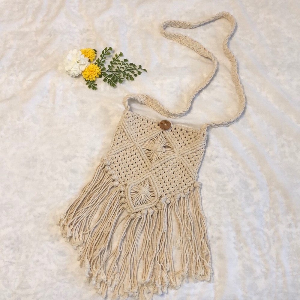 Cost Plus World Market Cream Macrame Crossbody Bag with Fringe
